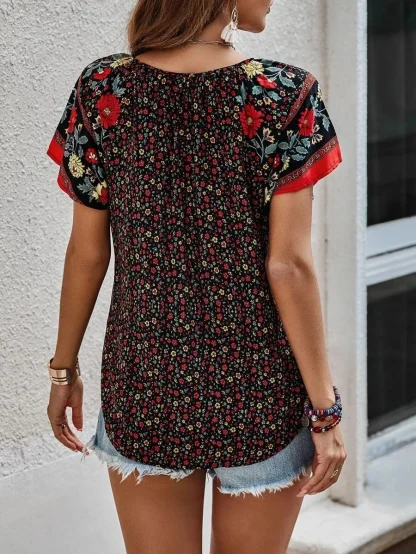V-neck Women's Shirt with Ruffle Short Sleeve - Image 4