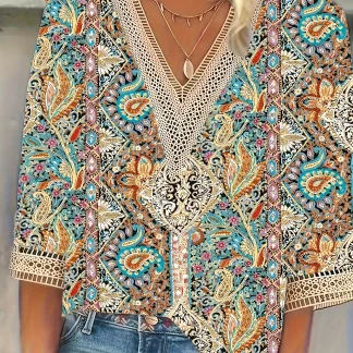 V-neck Blouse with Hollow Out Trim