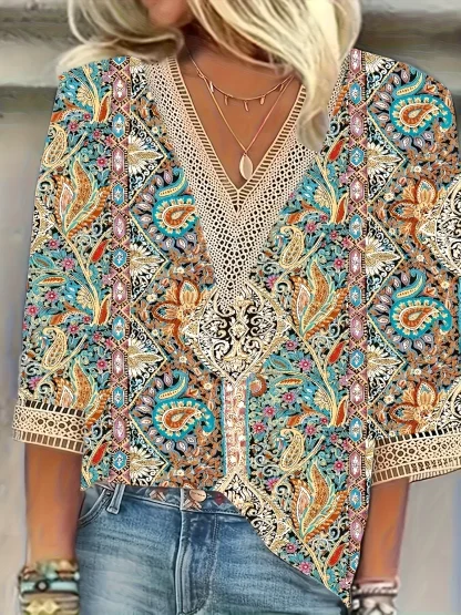 V-neck Blouse with Hollow Out Trim