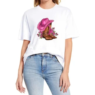 Printed Cowgirl Boots T-Shirt with Crew Neckline