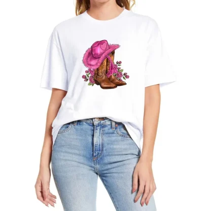 Printed Cowgirl Boots T-Shirt with Crew Neckline