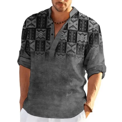 Henley Neckline Shirt with Tribal Pattern - Image 4