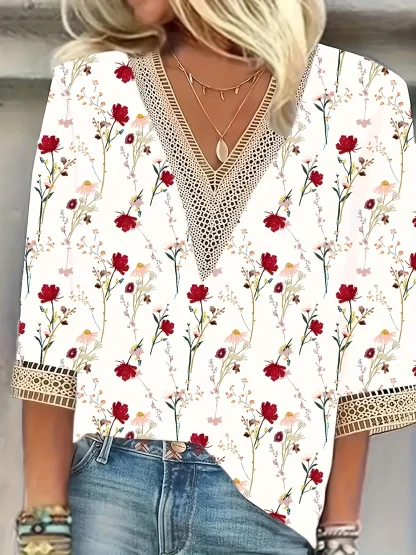 V-neck Blouse with Hollow Out Trim - Image 2