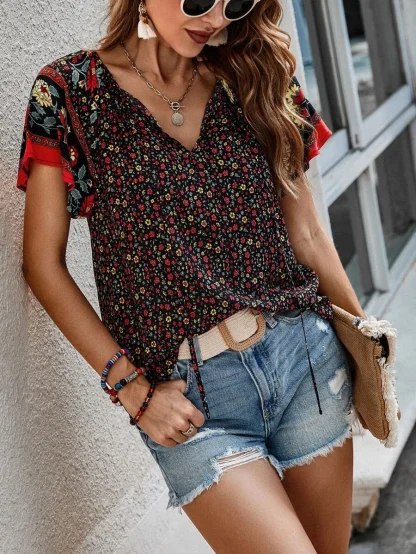 V-neck Women's Shirt with Ruffle Short Sleeve - Image 5