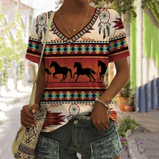 V-neck Shirts with Traditonal Print