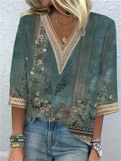 V-neck Blouse with Hollow Out Trim - Image 7