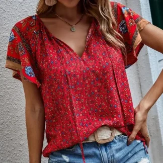 V-neck Women's Shirt with Ruffle Short Sleeve