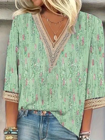 V-neck Blouse with Hollow Out Trim - Image 3