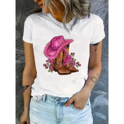 Printed Cowgirl Boots T-Shirt with Crew Neckline - Image 2