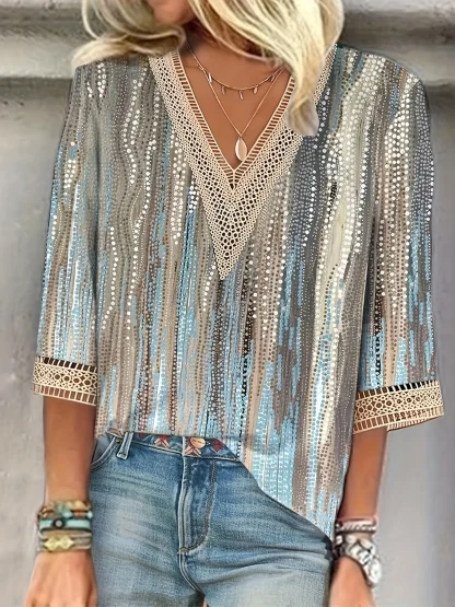 V-neck Blouse with Hollow Out Trim - Image 6