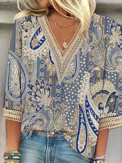 V-neck Blouse with Hollow Out Trim - Image 5