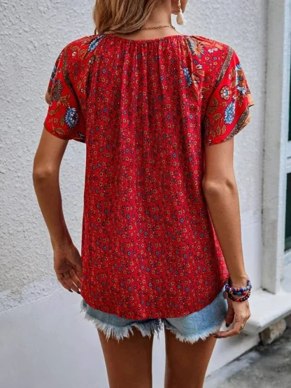 V-neck Women's Shirt with Ruffle Short Sleeve - Image 2