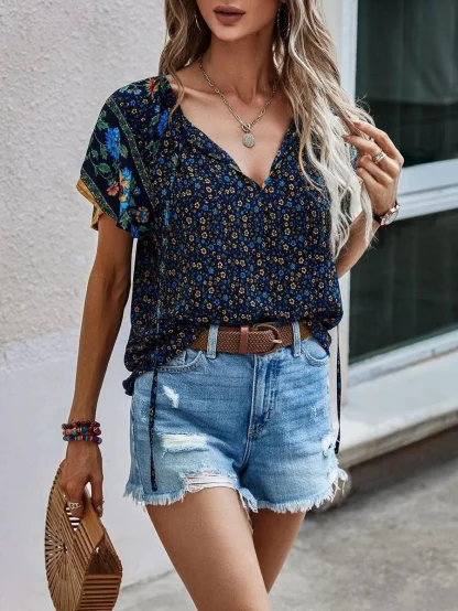 V-neck Women's Shirt with Ruffle Short Sleeve - Image 3