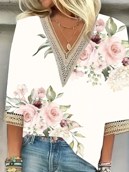 V-neck Blouse with Hollow Out Trim - Image 4